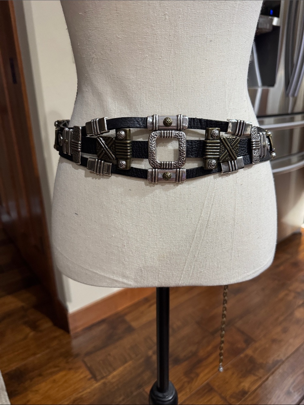 Women's Black Leather Belt with Decorative Silver Accents